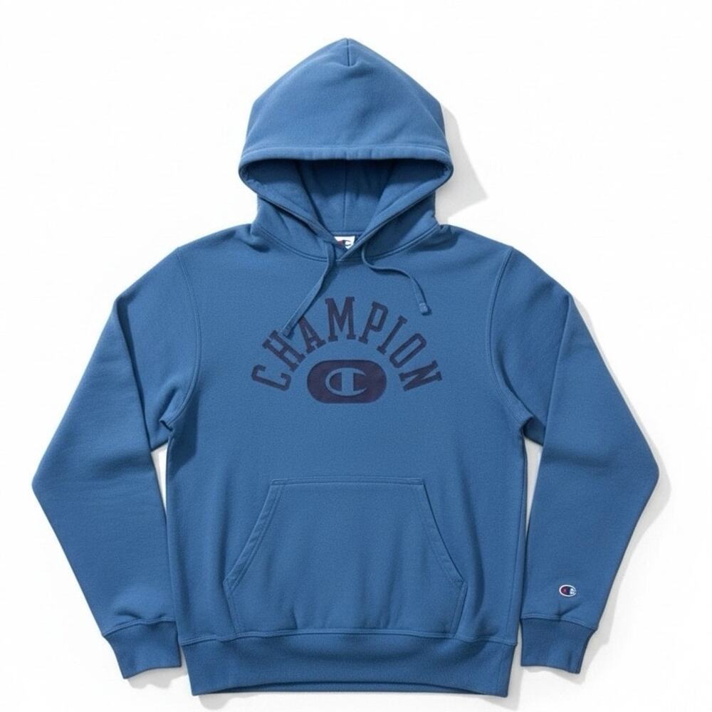 Champion Vintage Wash Varsity Men's Hoodie Script Logo Blue Size S